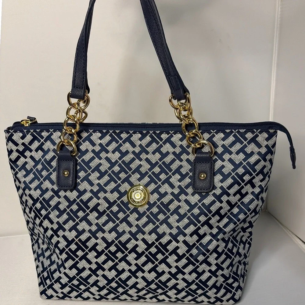 Tommy Hilfiger Navy White Geometric Logo Jacquard Tote Bag Gold Chain Straps
